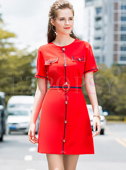 Red Work Belted Slim A Line Dress